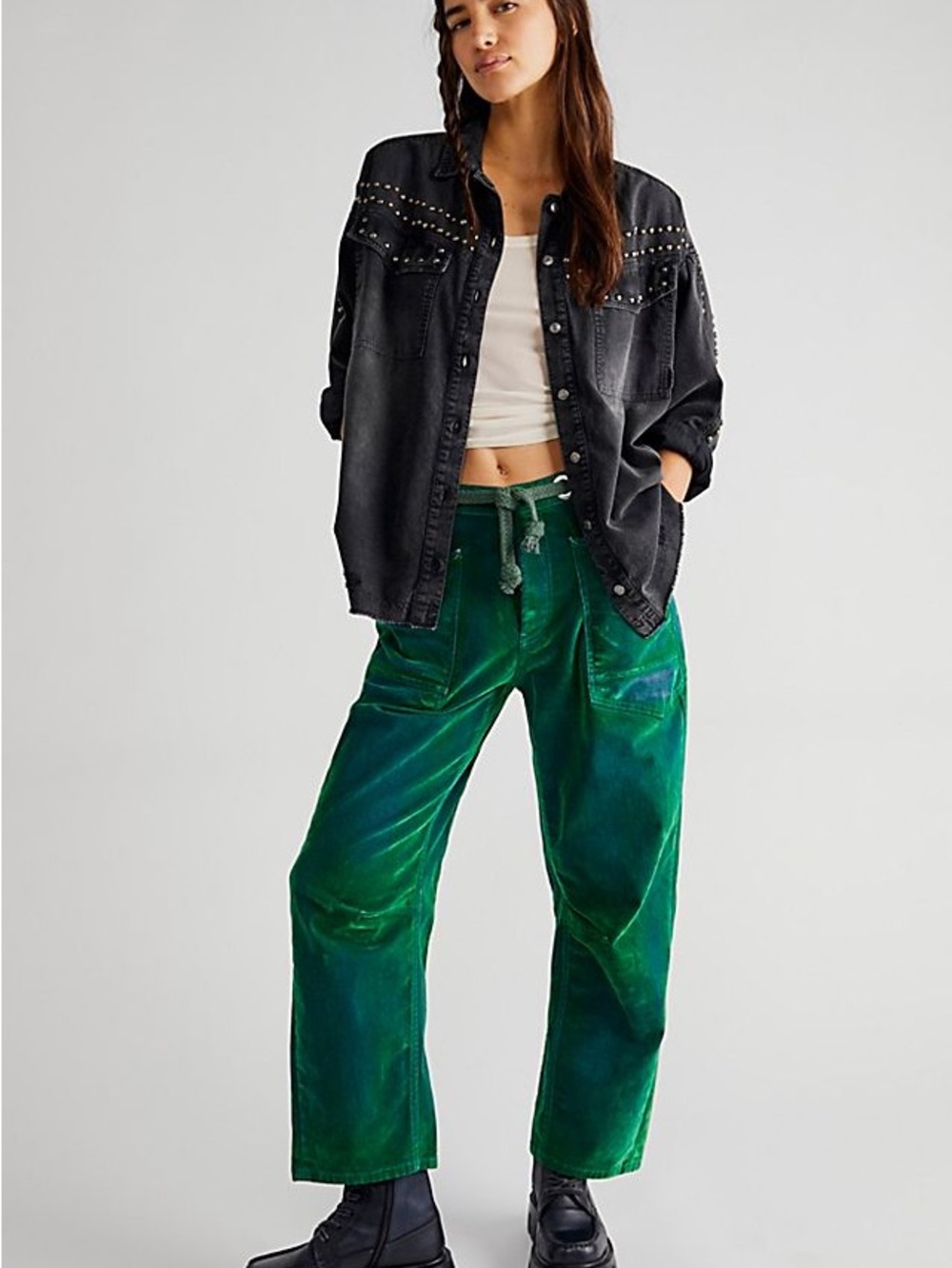 Free People Emerald Green Velvet Wide-Leg Jeans